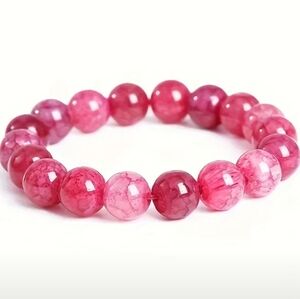 Strawberry Pink Crackle Glass Stretch Beaded Bracelet. NWT